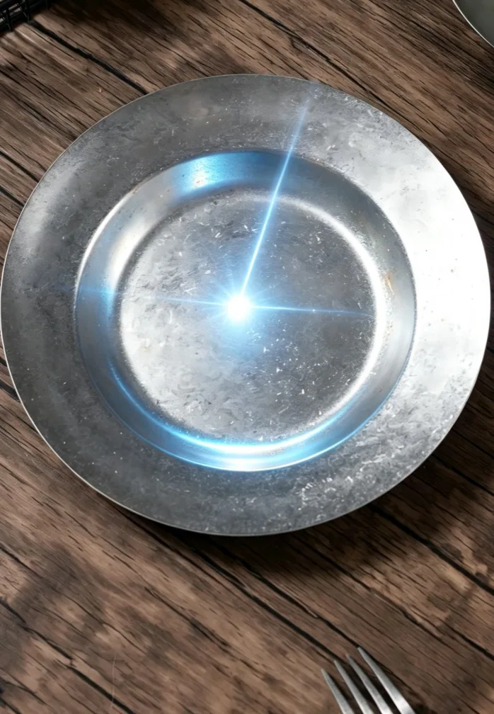 Snowflake-gray stainless steel plate on a wood table