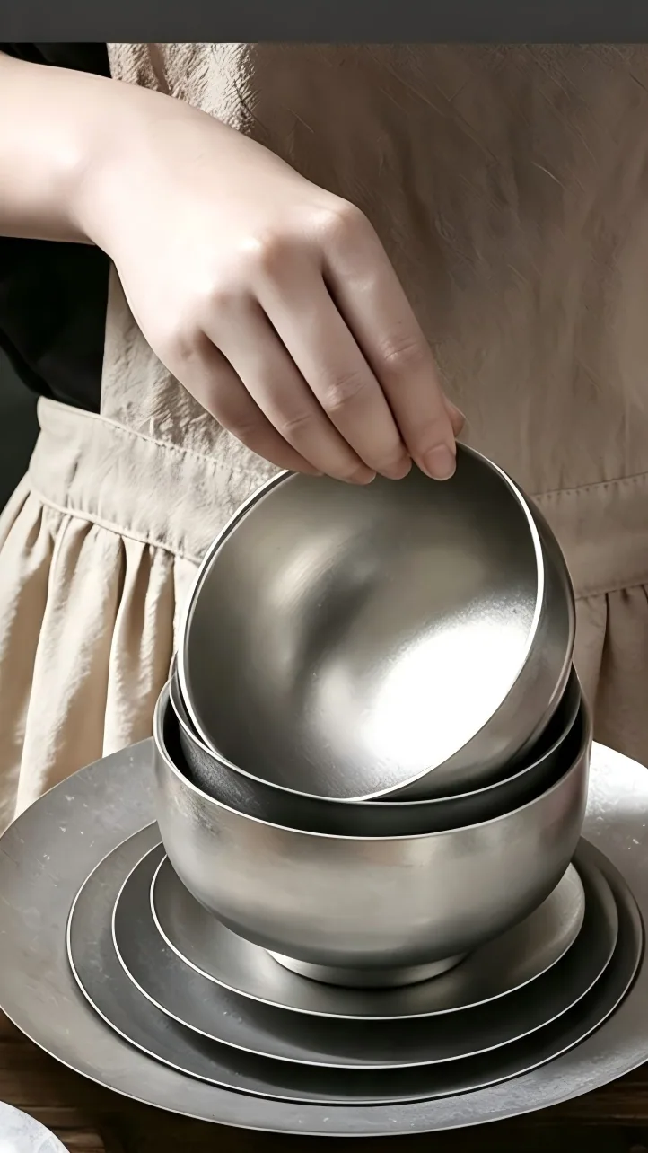 Hand arranging snowflake-gray stainless steel bowls and plates