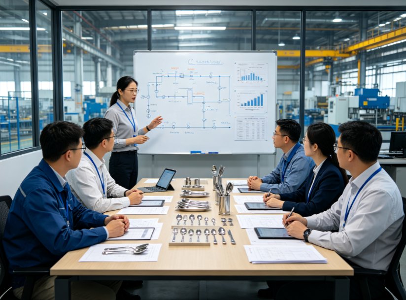 Factory team reviewing stainless steel tableware samples against the production brief